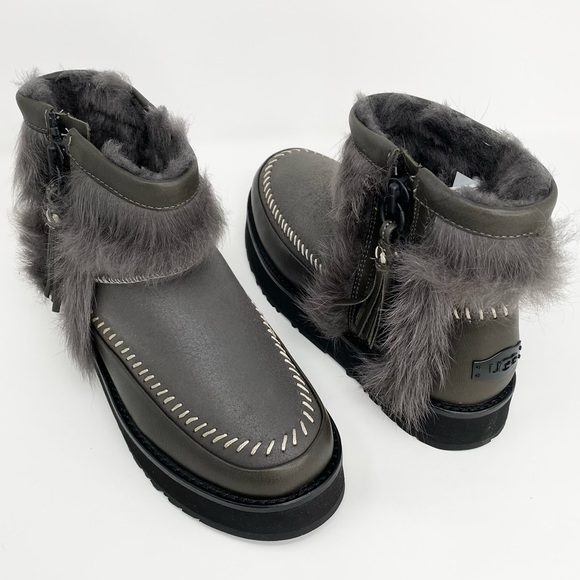 UGG Shoes - UGG FLUFF PUNK LEATHER & SHEEPSKIN BOOTS -6 - BLACK OLIVE